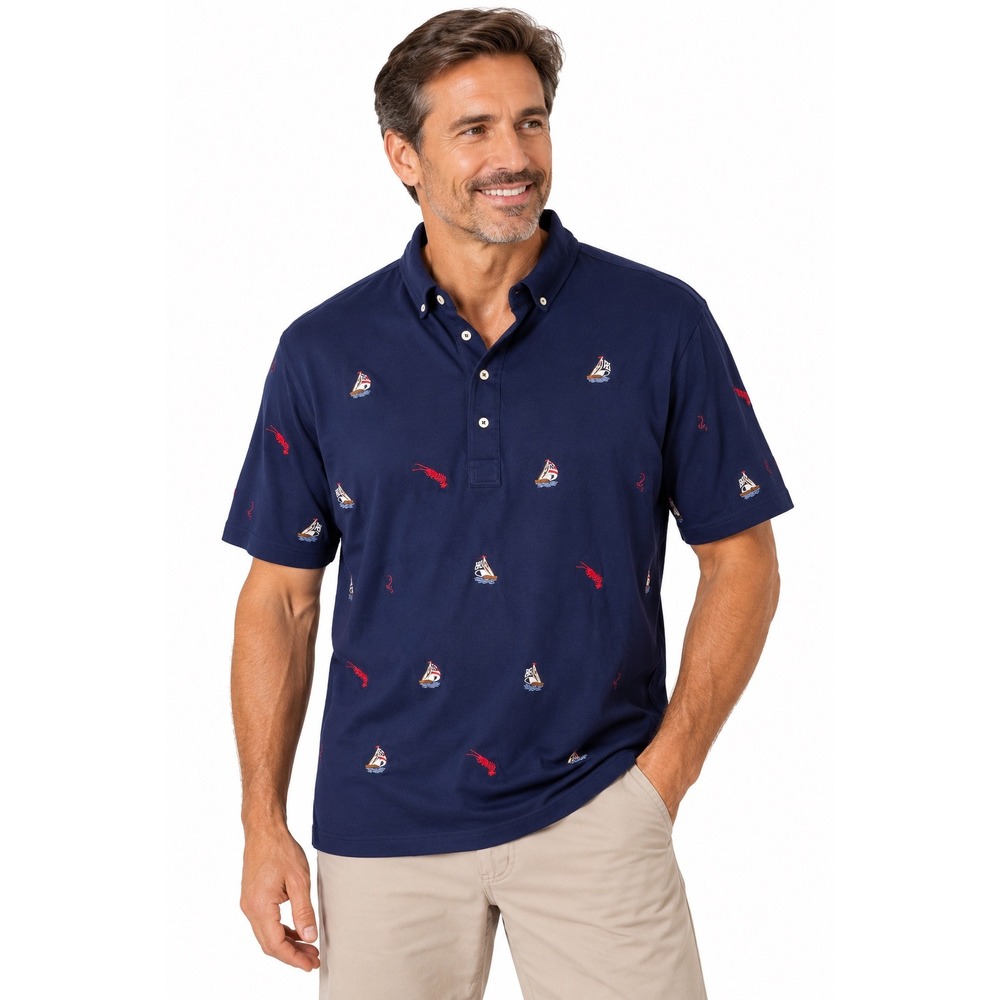 Ralph Lauren XLT Navy Nautical Sailboat Lobster Embroidered Knit Oxford Polo